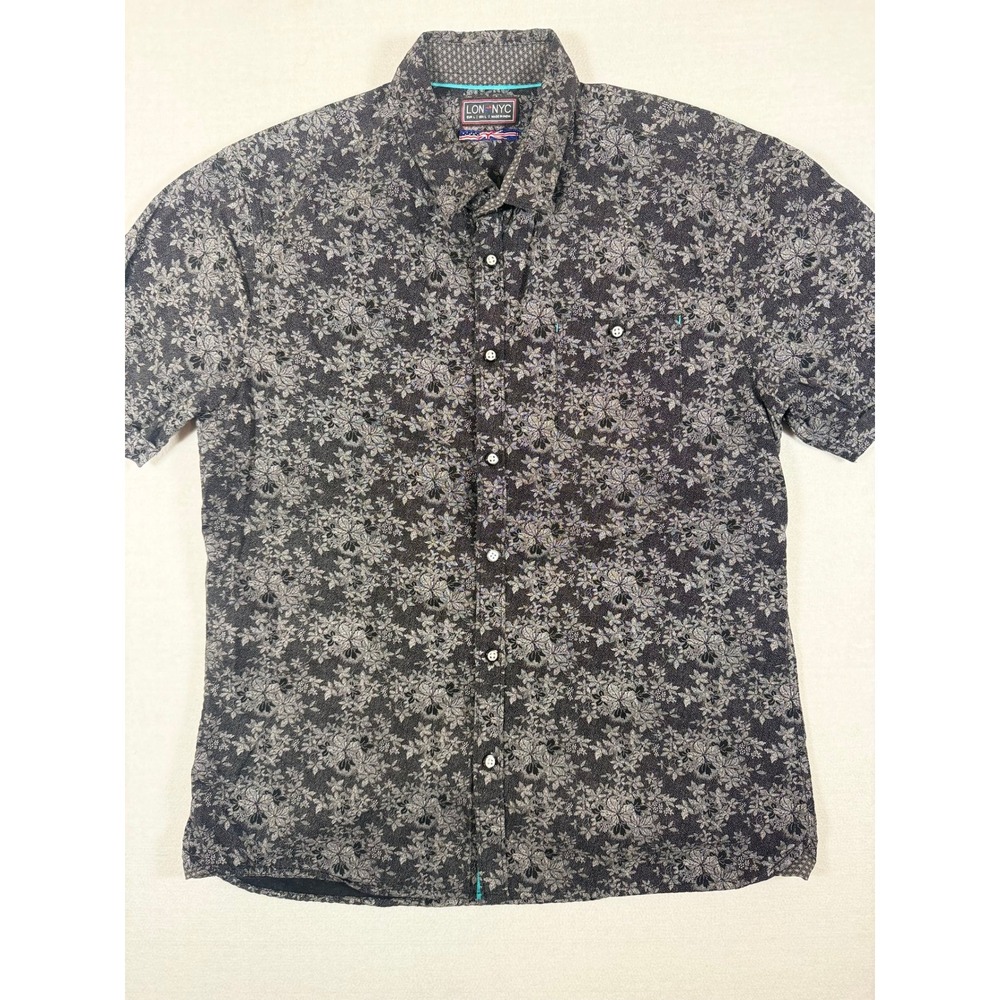 LON NYC Mens Floral Button Down Shirt Grey Black Short Sleeve Size Large